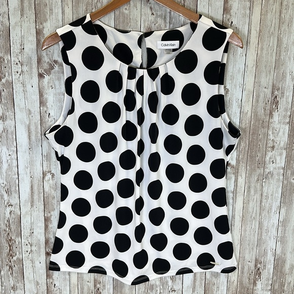 Calvin Klein Women's Polka Dot Pleated Sleeveless Blouse sz Large White Black - Picture 1 of 11